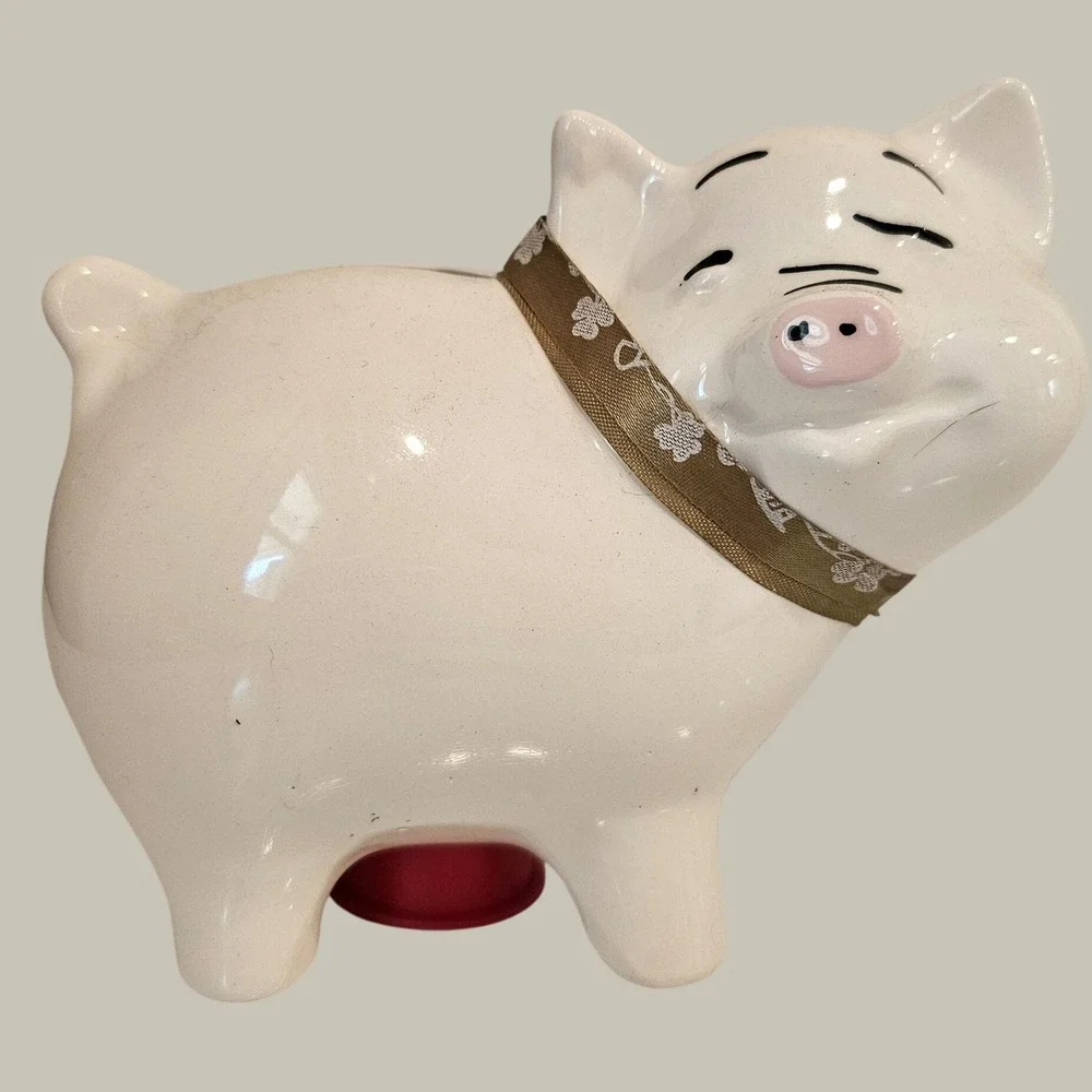 Vintage Ceramic Piggy Bank Winking Pig Off White Floral Ribbon Coin Bank